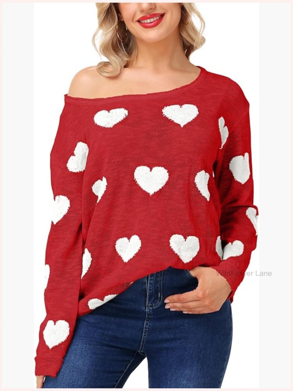 Off Shoulder Knit Sweater Long Sleeve Pullover Valentines Heart Tops